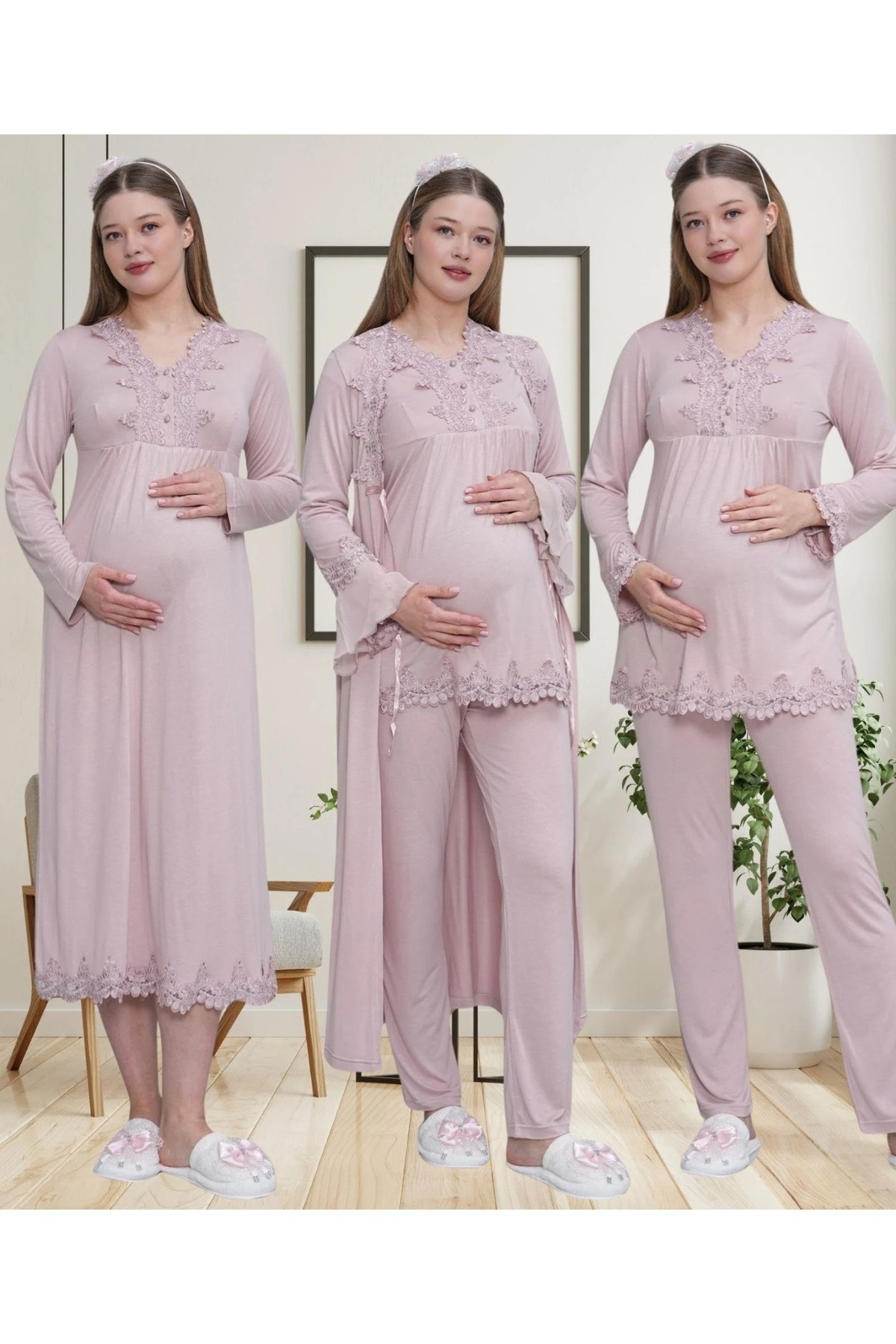 Lohusa Homewear Kadın Gül Kurusu Şık Tasarım Dantel Detaylı Uzun Kollu Sabahlık,Gecelik,Pijama Takımı 4'Lü Set