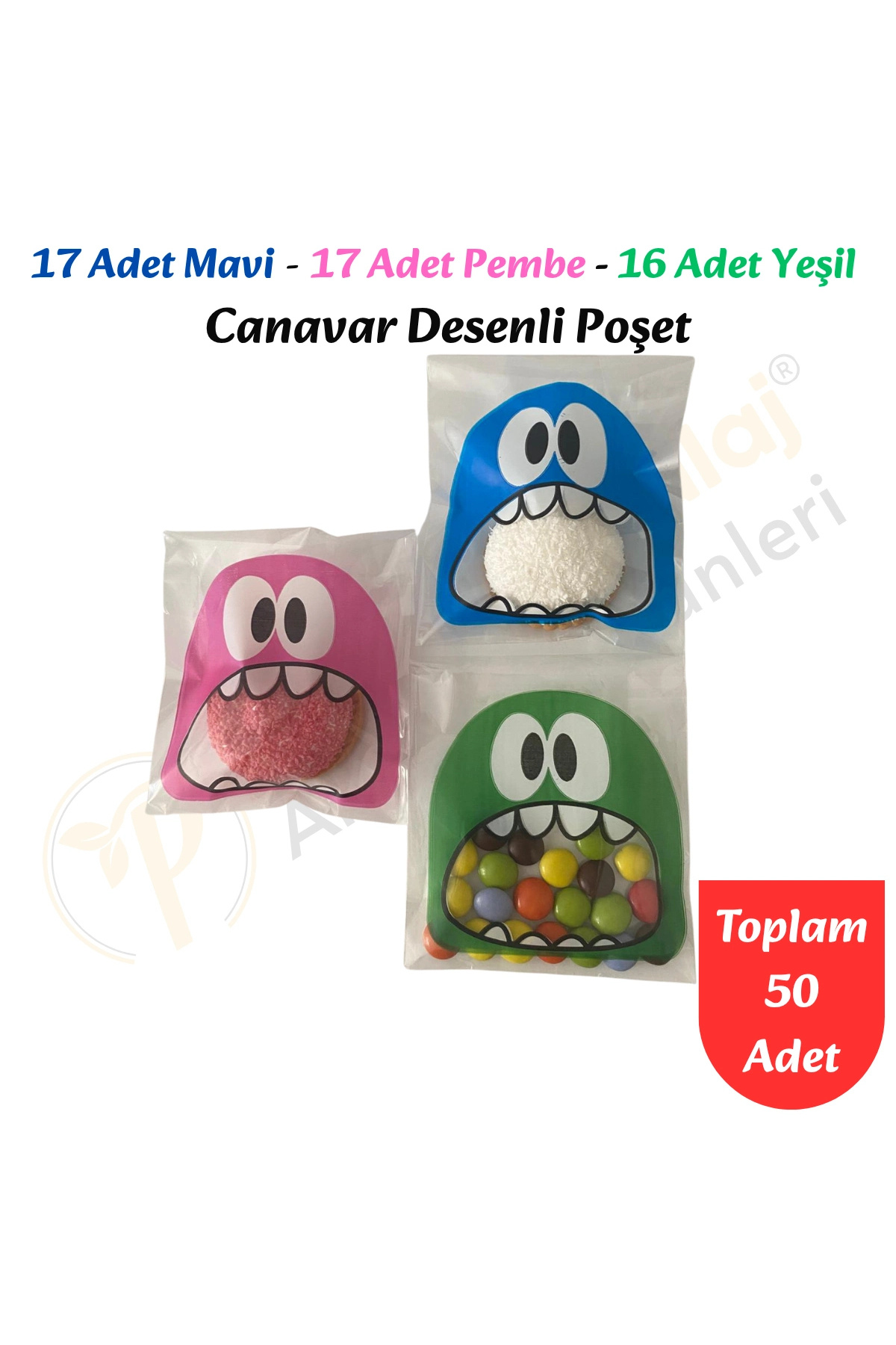 CarpCorn 50 Adet Mavi-Pembe-Yeşil Renkli Canavar Desenli Cake Pop & Kurabiye Poşeti-10x15 cm