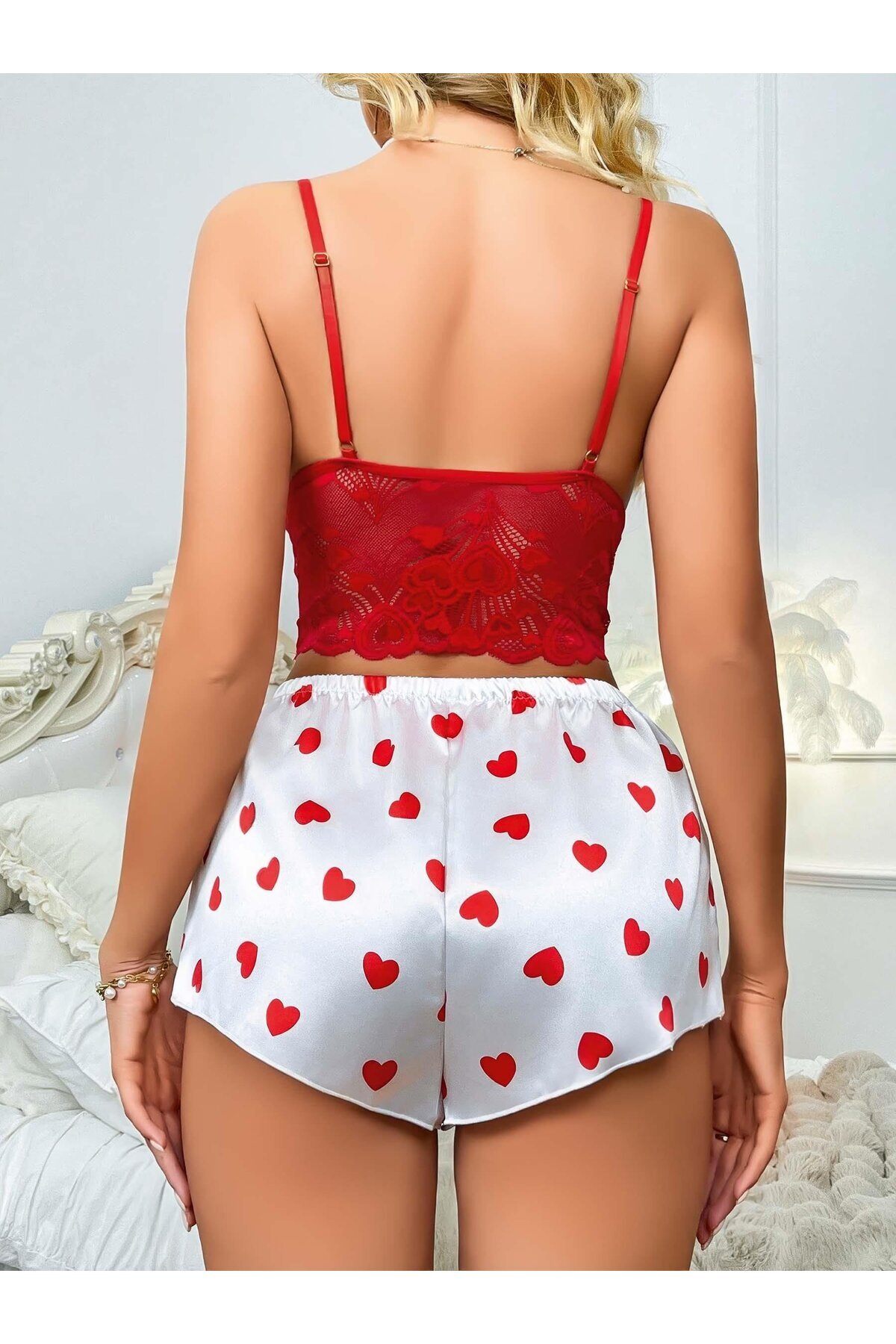 Avastyle Kadın Kırmızı Kalp Desenli Şort Askılı Dantel Üst Pijama Takımı 2218 Ava fotoğrafı 2 (önizleme)