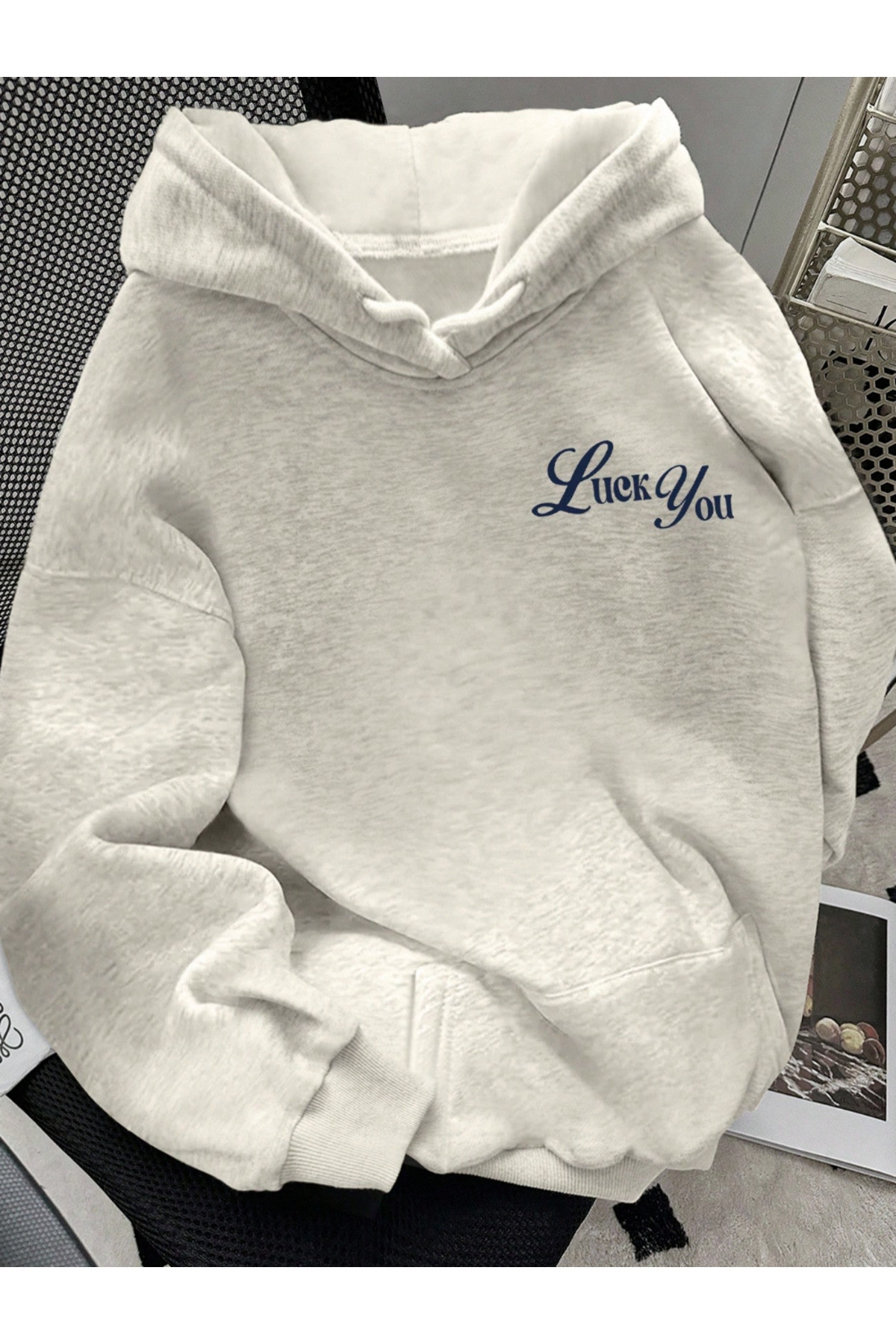 COHERENT  Unisex Erkek/Kadın Renkli Özel Baskılı LUCKYOU Pamuklu Oversize Kapüşonlu Sweatshirt - Görsel 3