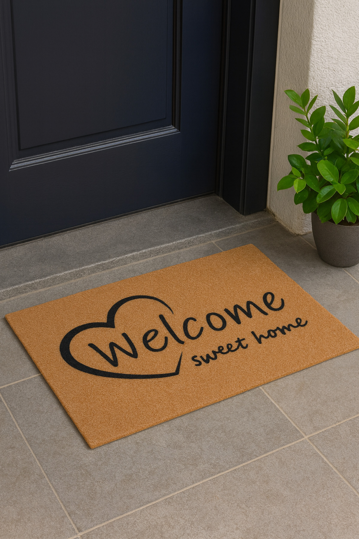 Koko Textured Door Front Mat - Welcome Sweet Home with Heart Writing, Non-Slip Base, 45x70 cm