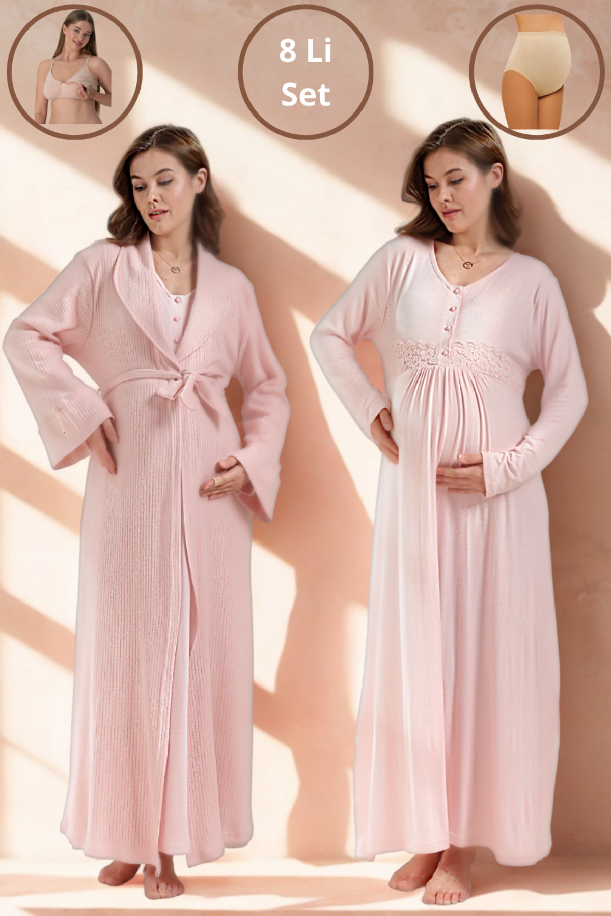 bigmama Kadın 8Li Premium Kışlık Lohusa Seti -Uzun Sabahlık Danteli Gecelik Hamile Külot Emzirme Sütyeni