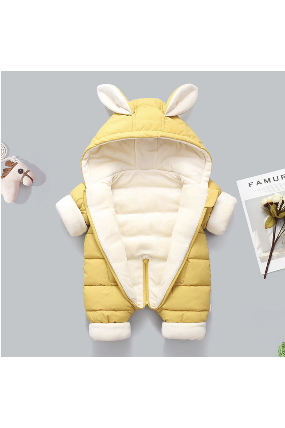 melisam.msg Kız Erkek Bebek Tavşan Kulaklı Kış Kalın Sevimli Astar Şişme Tulum Mont fotoğrafı 3 (önizleme)