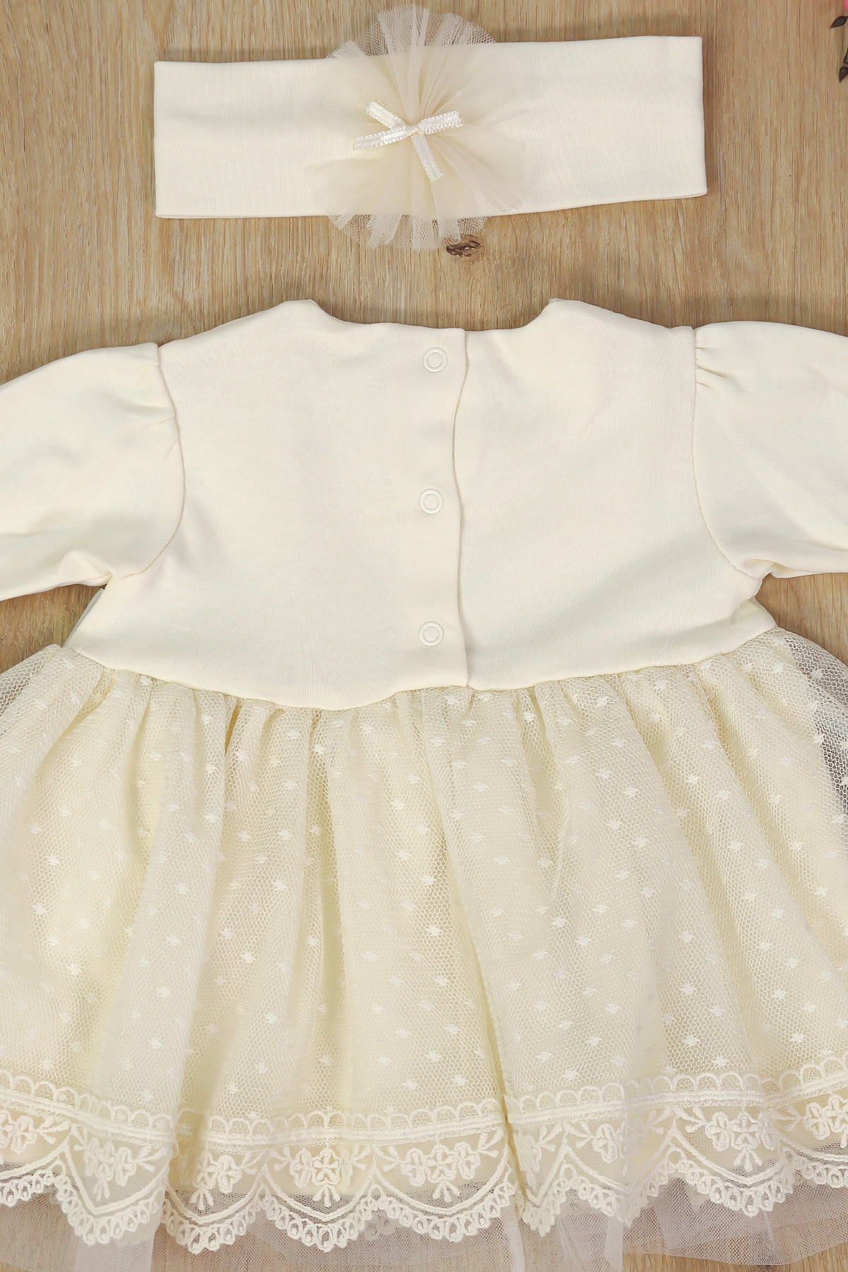 Sitilin Kız Bebek Elbisesi Bej Gelinlik Fransız Dantelli Mevlit Takımı Bebek Mevlütlük Hediye Seti fotoğrafı 4 (önizleme)