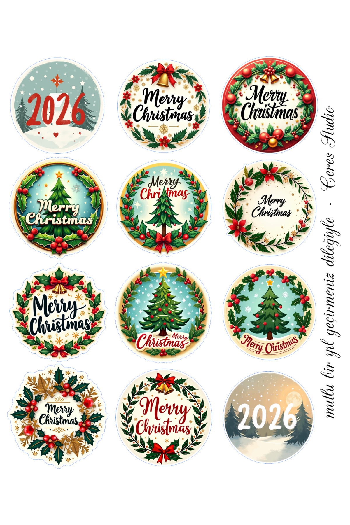 Ceres Studio Yılbaşı Sticker, Mutlu Yıllar, Marry Chrsitmas Seti, 12 Adet (1 sayfa)