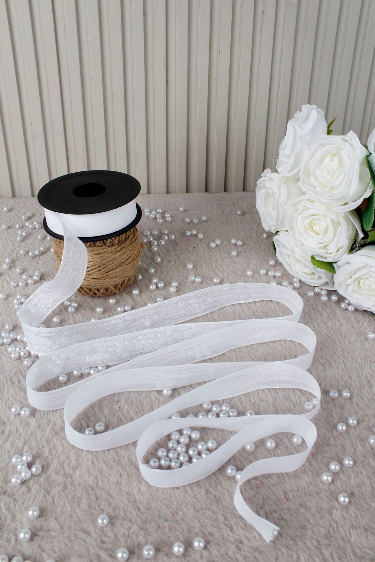 White Naples Linen Ribbon 2.5 cm 20 mt - Bundle, Wedding, Engagement, Dowry, Gift, Ornament, Party