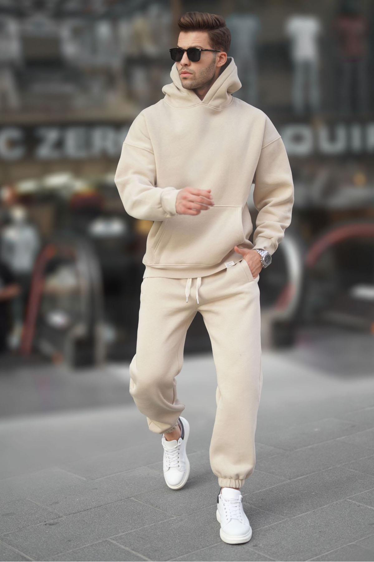 Kapşonlu 3 İplik Şardonlu Rahat Kesim Kışlık Hoodie Eşofman Takımı — بژ MstfETK3I-1
