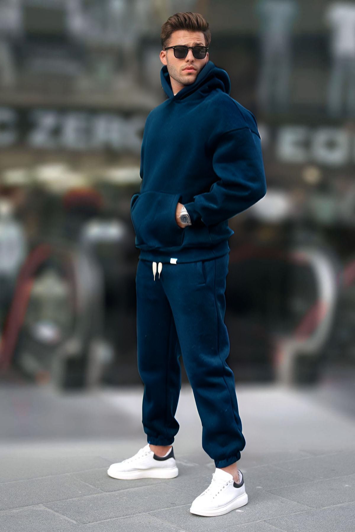 Kapşonlu 3 İplik Şardonlu Rahat Kesim Kışlık Hoodie Eşofman Takımı — سرمه‌ای MstfETK3I-1 — تصویر 2 از 2