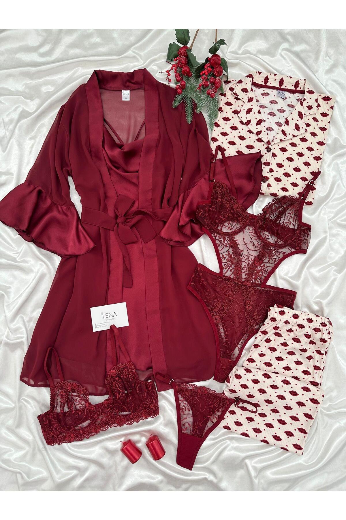 Lena Homewears Eşsiz Bordo Kutulu 7'li Parça Dev Pijama Gecelik Sabahlık Iç Giyim Lüks Gelin Çeyiz Seti