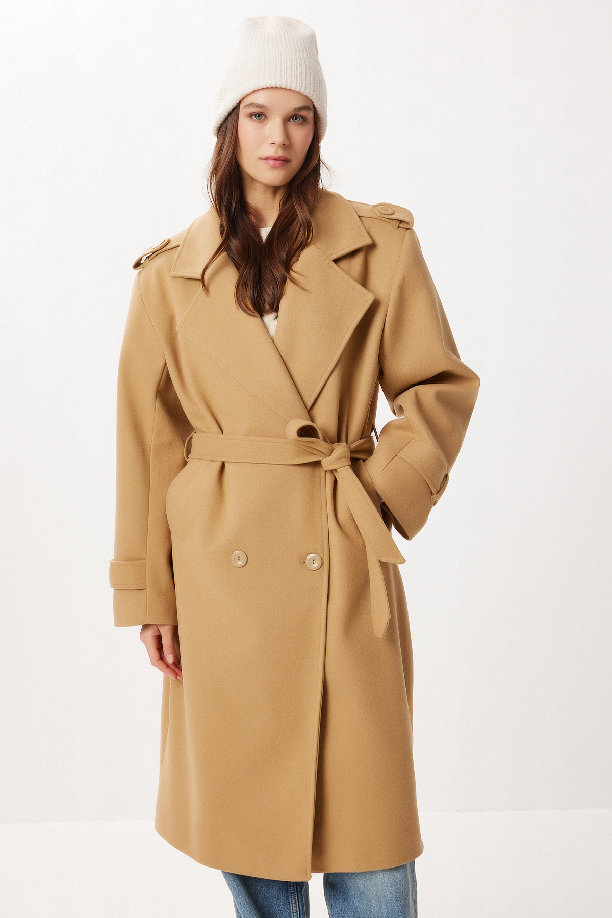 Lovelyİstanbul  Kruvaze Yaka Kuşaklı Kaşe Kaban LNT0016 BİSKÜVİ - Görsel 5