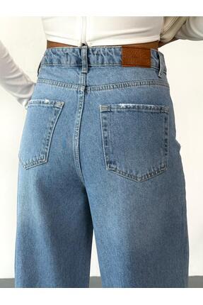 XBELLA DENİM Kadın Mavi Taşlamalı Baggy Jean Yüksek Bel Geniş Paça Kot Pantolon