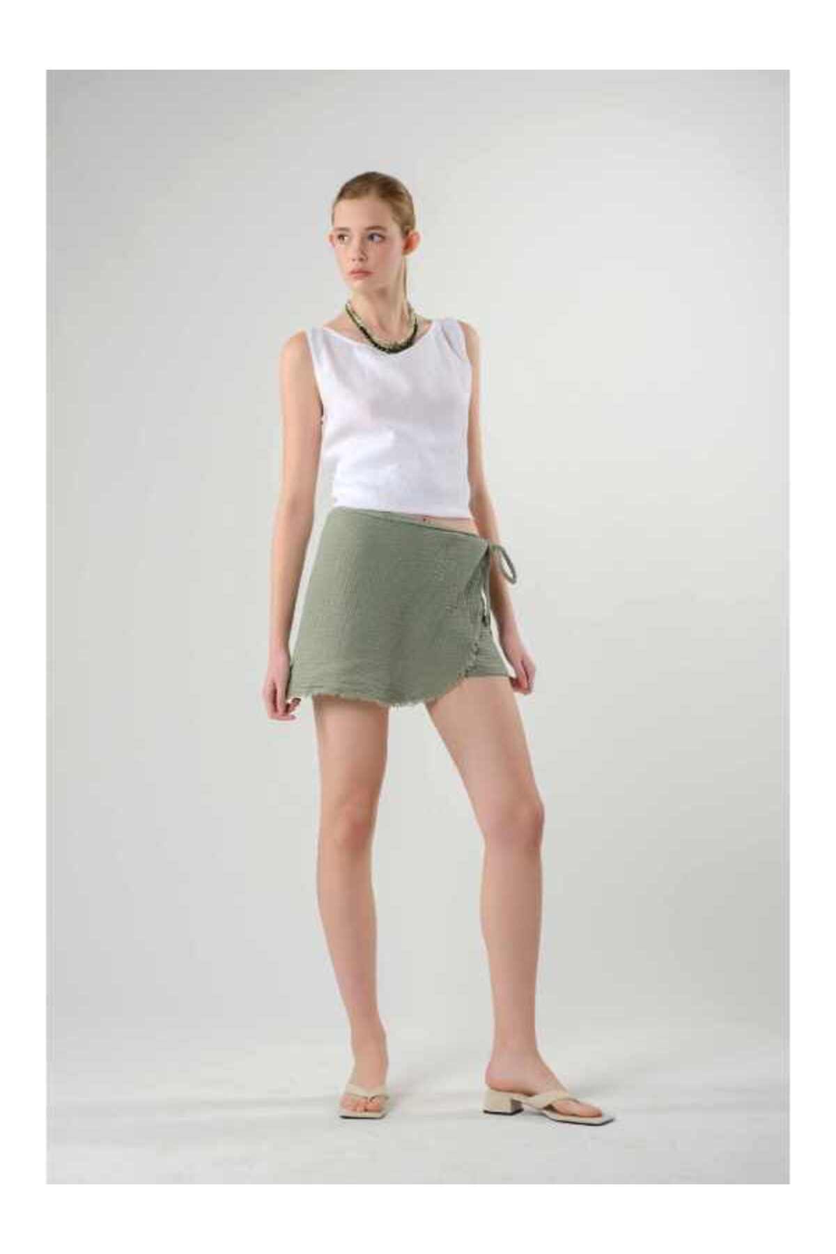 Asymmetrical Cut Muslin Shorts Skirt Seaweed Green