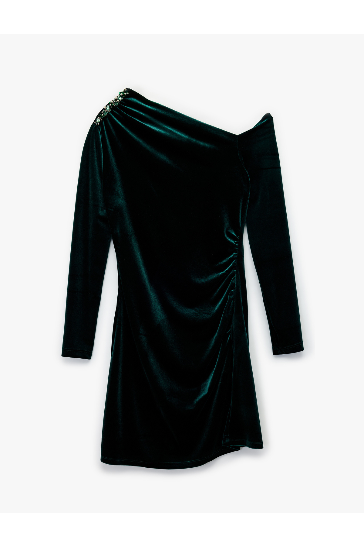 Koton Slim Fit Uzun Kollu Asimetrik Yaka Taşlı Mini Kadife Elbise