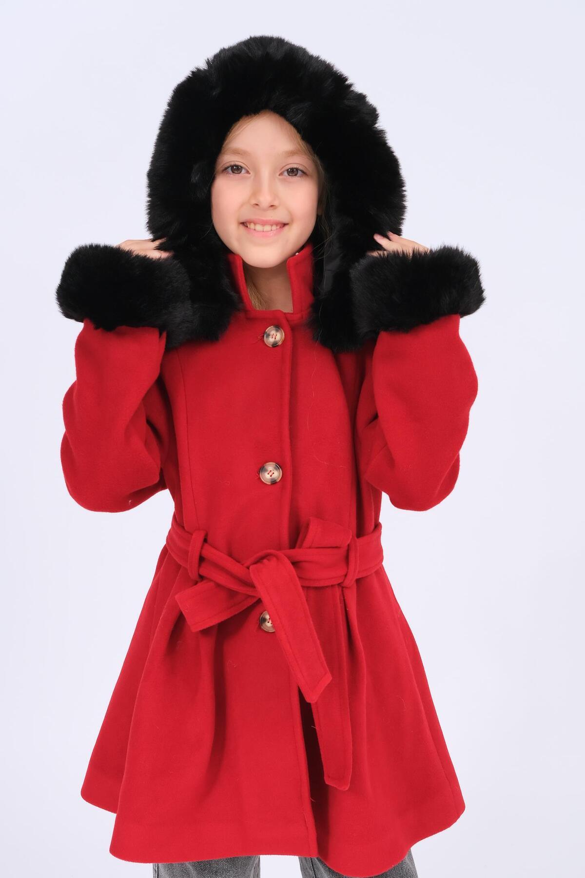 Perendi Kız Çocuk Kürk Detaylı Kapüşonlu Kuşaklı Kaşe Kaban – Kırmızı fotoğrafı 6 (önizleme)