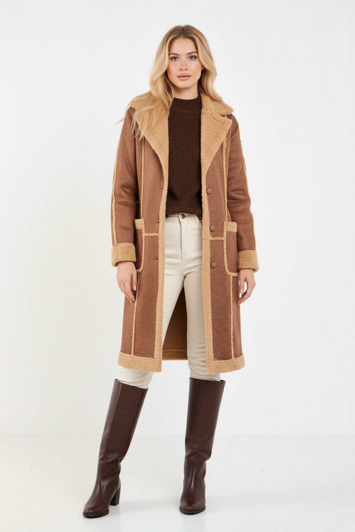 Volanlı  KAHVERENGİ ŞERPA PALTO - Görsel 3