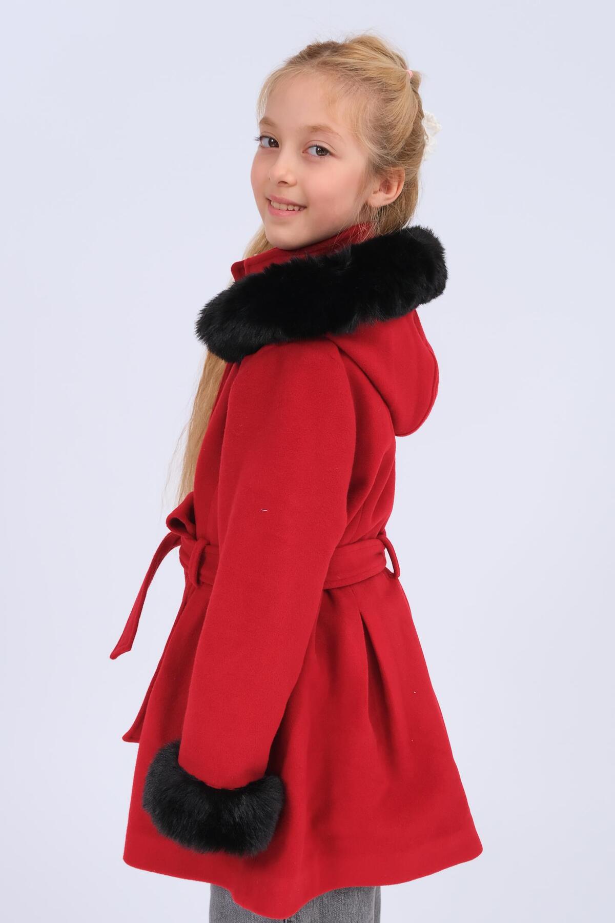 Perendi Kız Çocuk Kürk Detaylı Kapüşonlu Kuşaklı Kaşe Kaban – Kırmızı fotoğrafı 3 (önizleme)
