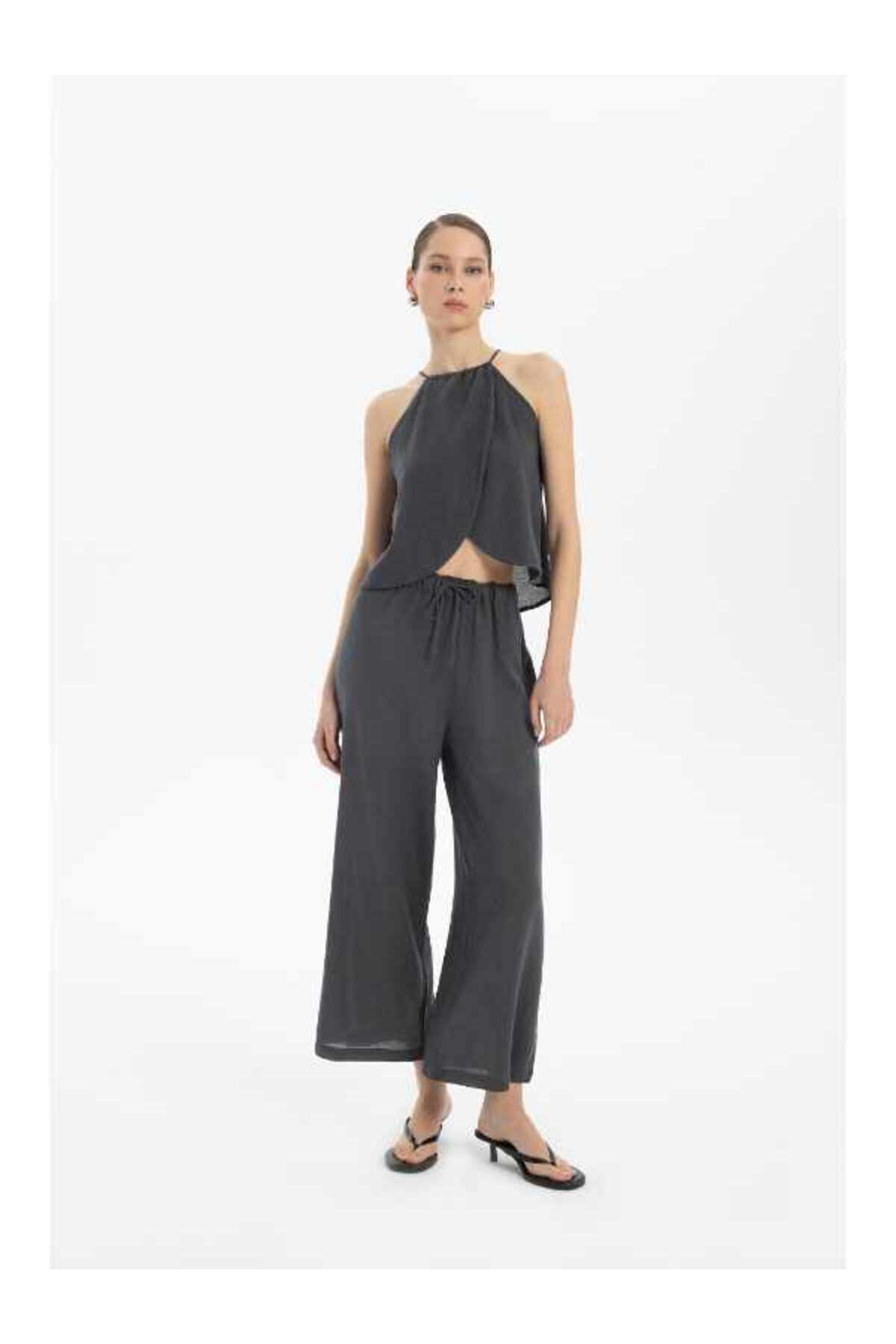Linen Blend Palazzo Pants Anthracite