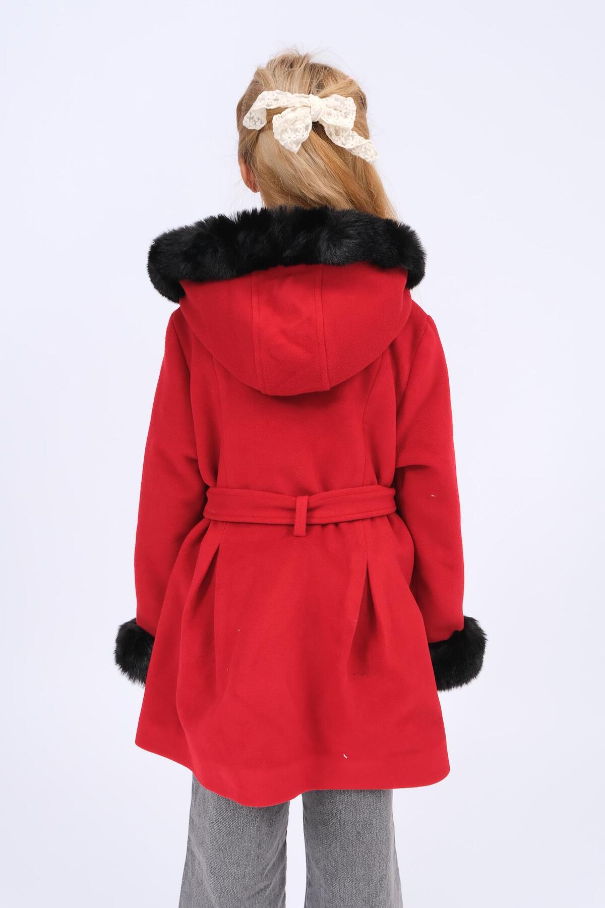 Perendi Kız Çocuk Kürk Detaylı Kapüşonlu Kuşaklı Kaşe Kaban – Kırmızı fotoğrafı 4 (önizleme)