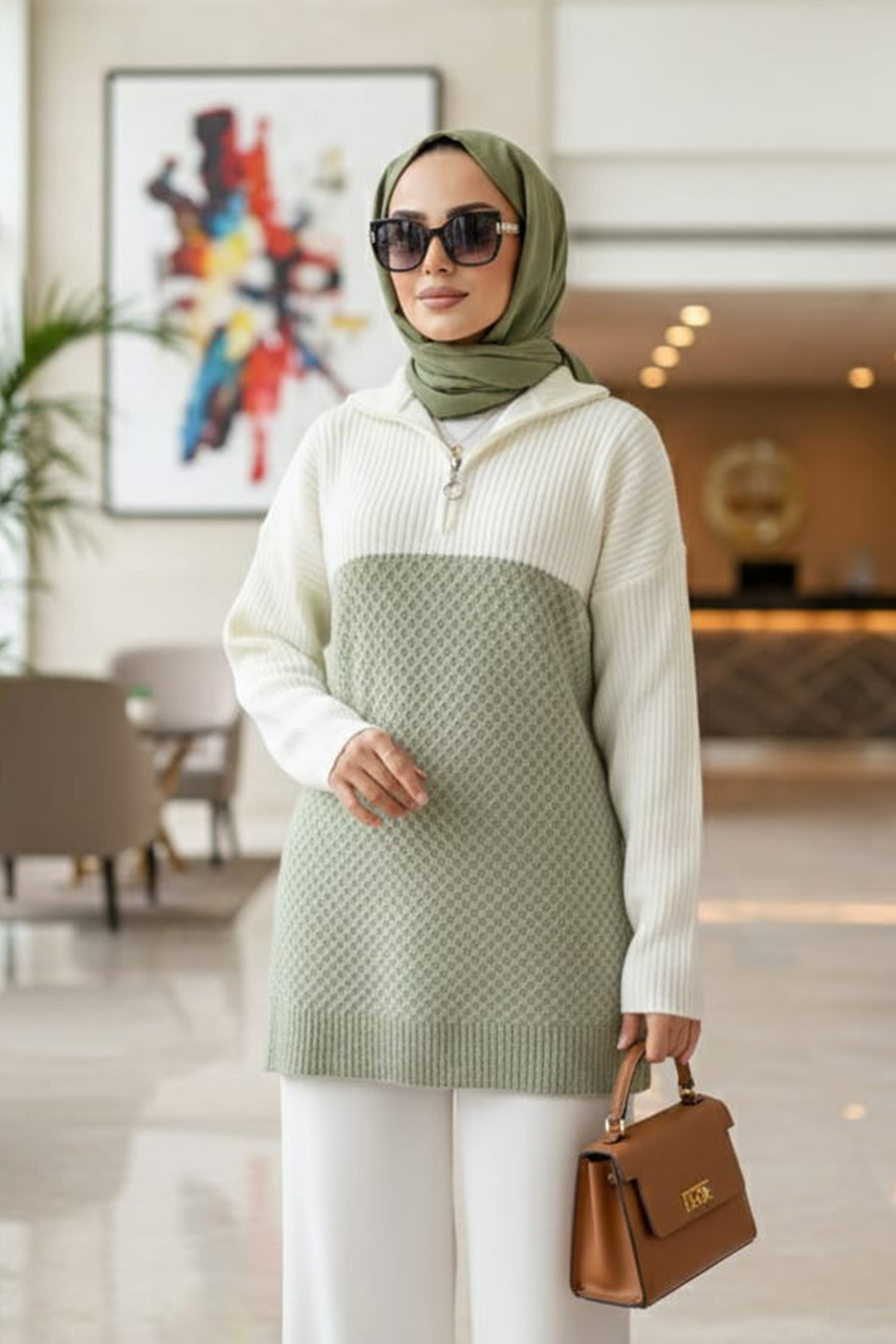 N.S NEVA STYLE Blok Renkli Çağla Yeşili Tesettür Triko Kazak Tunik 87501CY