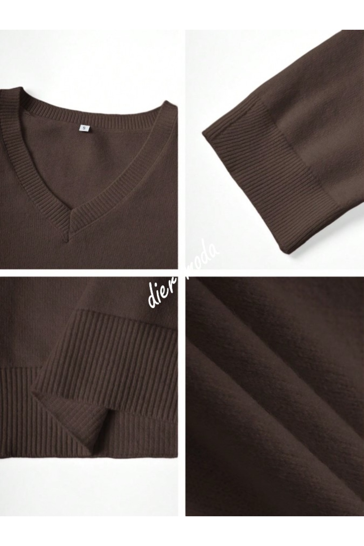 Dier Moda  Kadın Kahverengi V Yaka Oversize Triko Kazak, Triko Kazak Fmoda1970 - Görsel 7