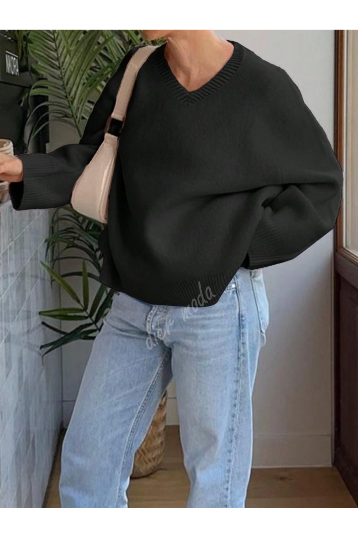 Dier Moda  Kadın Siyah V Yaka Oversize Triko Kazak, Triko Kazak Fmoda1970 - Görsel 5