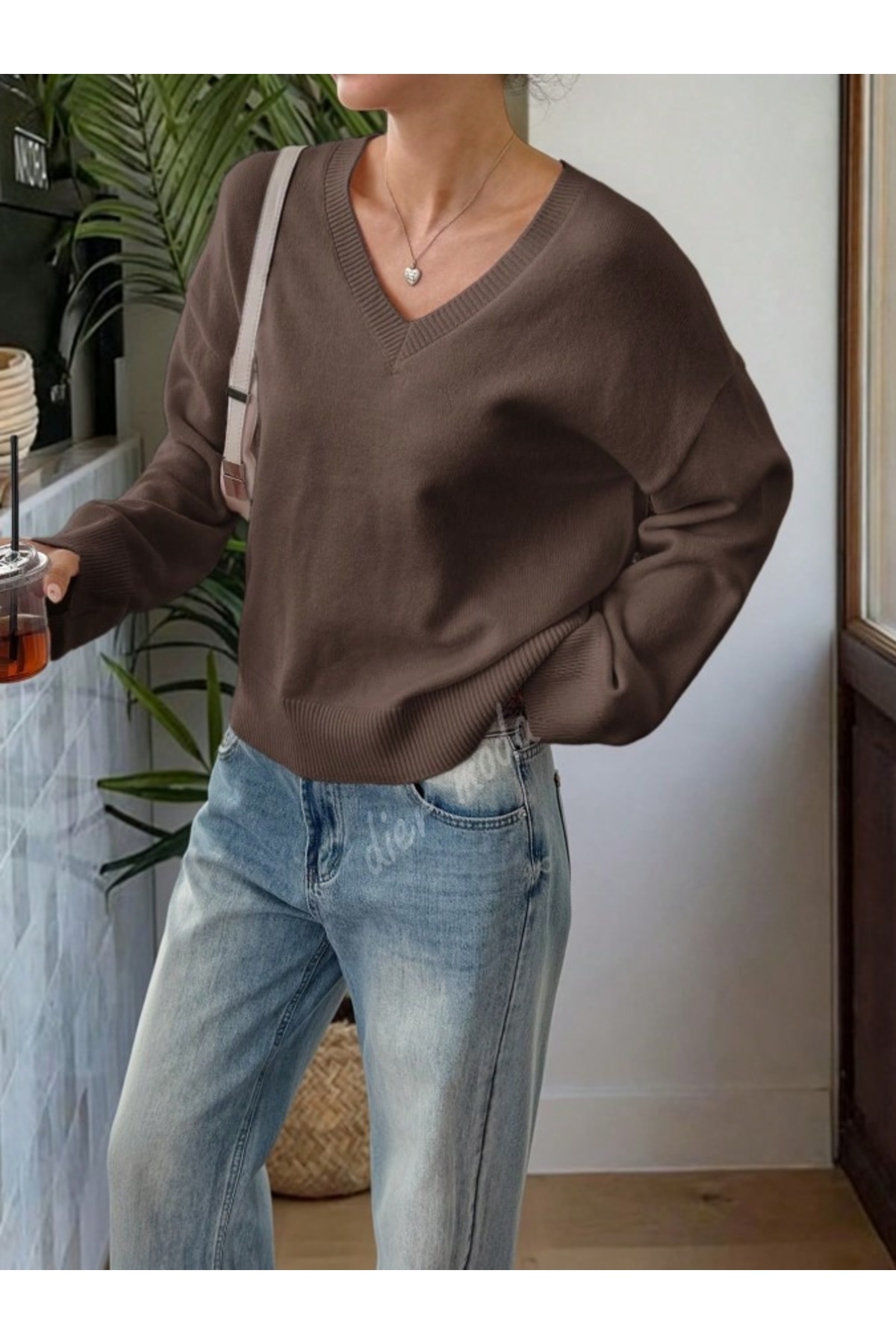 Dier Moda  Kadın Kahverengi V Yaka Oversize Triko Kazak, Triko Kazak Fmoda1970 - Görsel 6