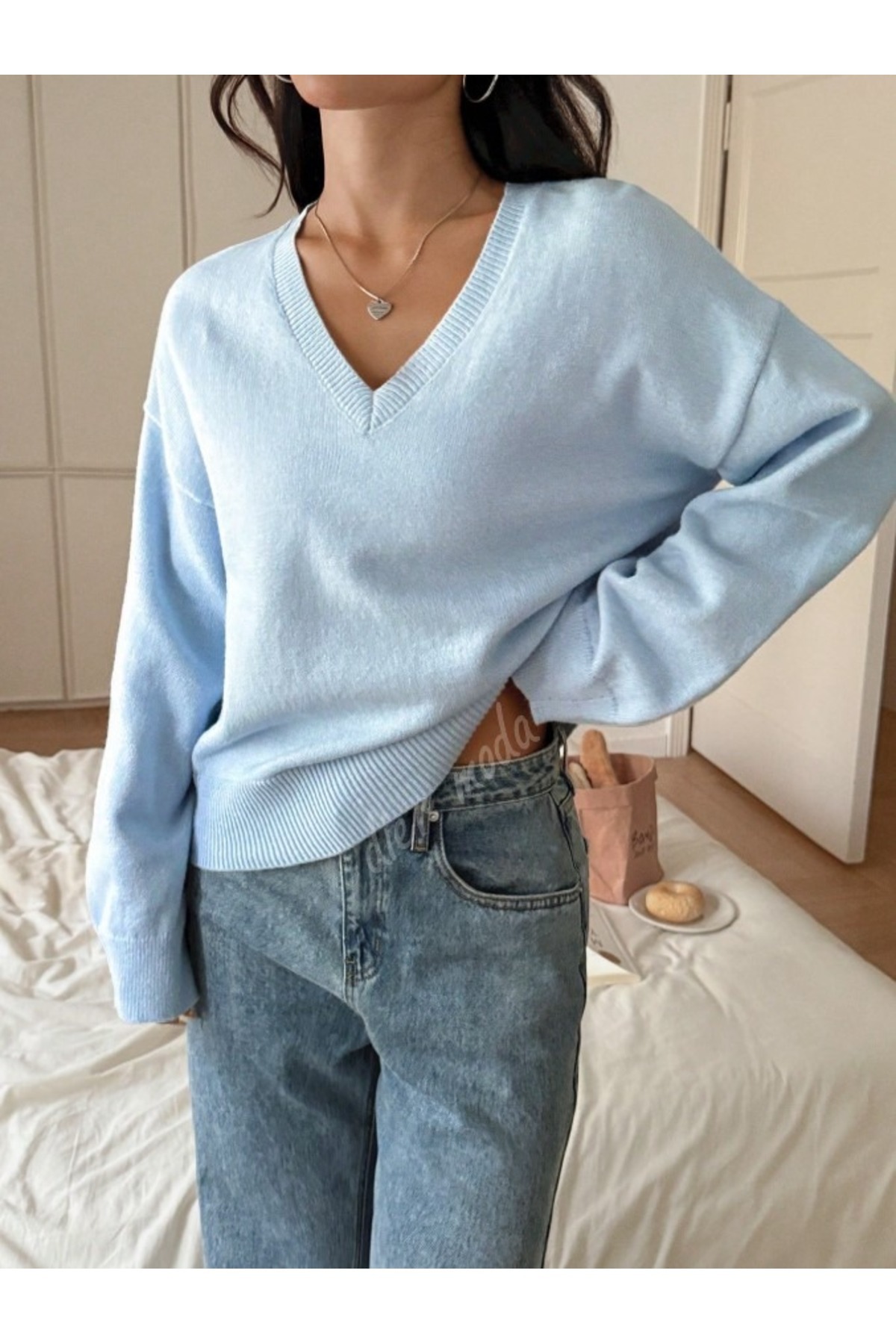 Dier Moda  Kadın Mavi V Yaka Oversize Triko Kazak, Triko Kazak Fmoda1970 - Görsel 7