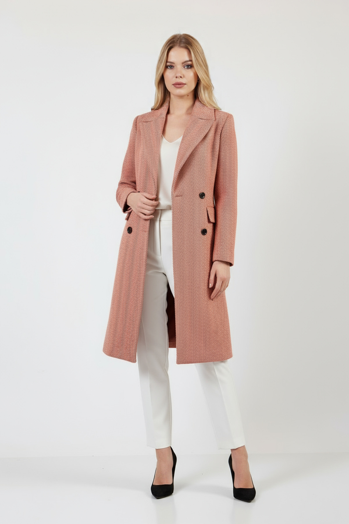 Volanlı  Balıksırtı Desenli Palto - Görsel 2