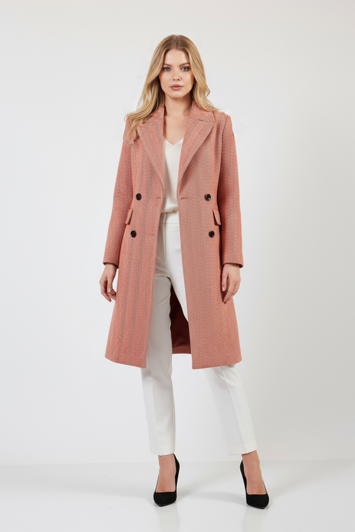 Volanlı  Balıksırtı Desenli Palto