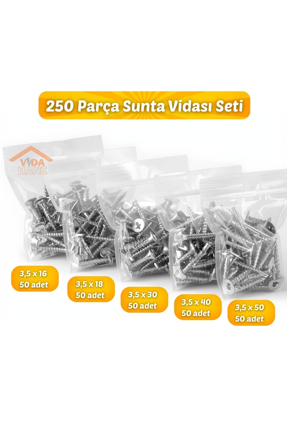 Std VİDA HANE Sunta Vida Seti 250 parça 3,5x16 - 3,5x18 - 3,5x30 - 3,5x40 - 3,5x50