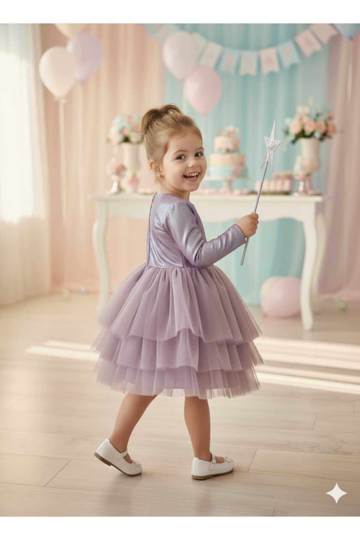 penu baby kids Mor Parlak Jarse Kat Etekli Uzun Kolu Kız Çocuk Kız Bebek Elbise fotoğrafı 3 (önizleme)