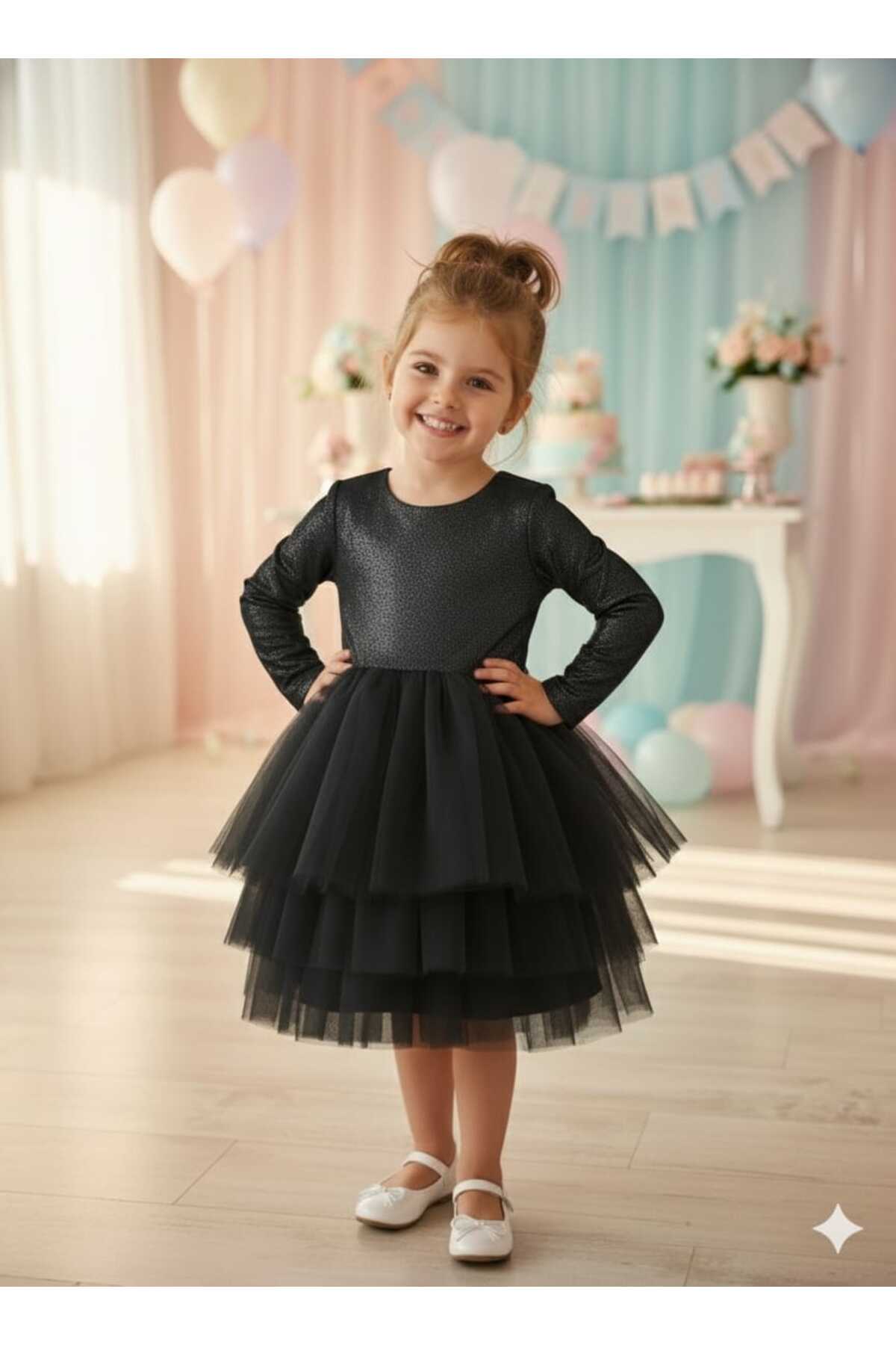 Black Glossy Jersey Floor Skirt Long Sleeve Baby Girl Girl Dress