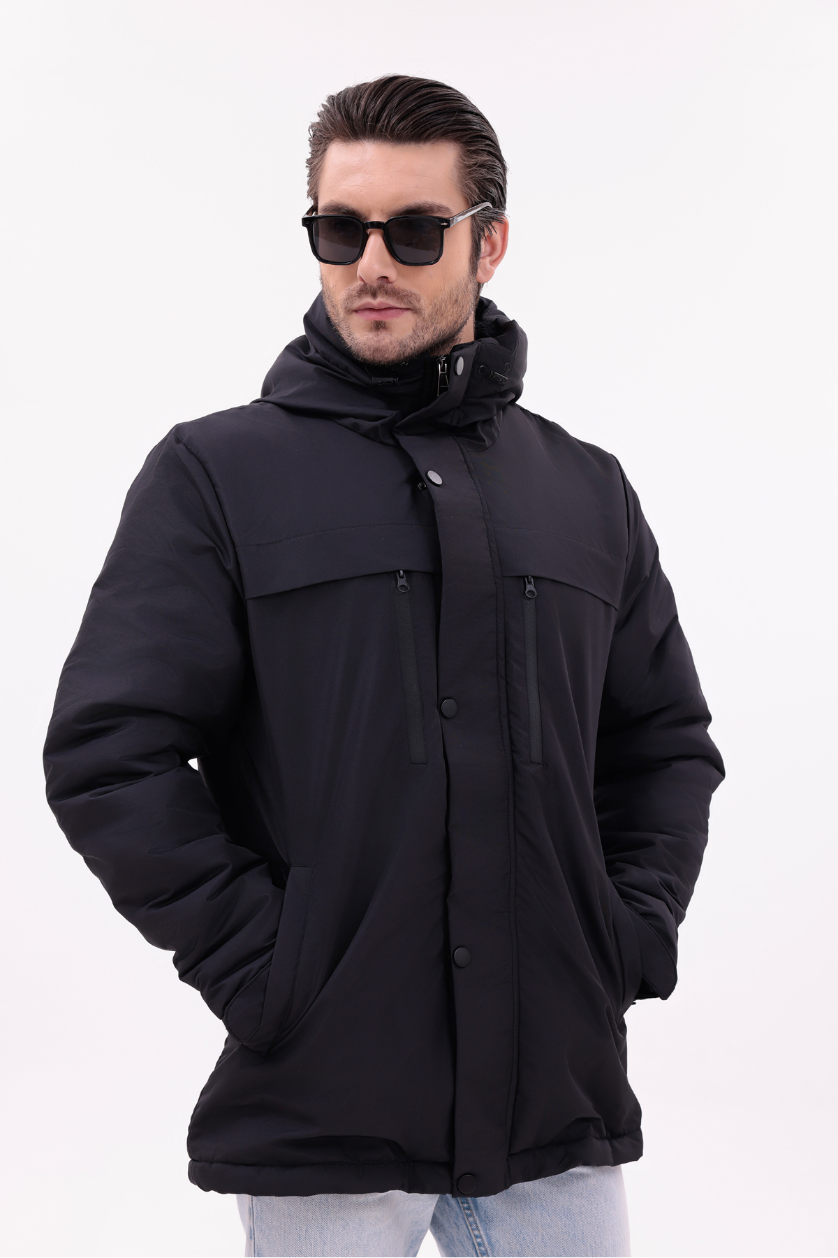 Erkek Taş Içi Polarlı Kürklü Su Ve Geçirmez Kışlık Mont & Kaban & Parka — مشکی FMP-105 — تصویر 5 از 7