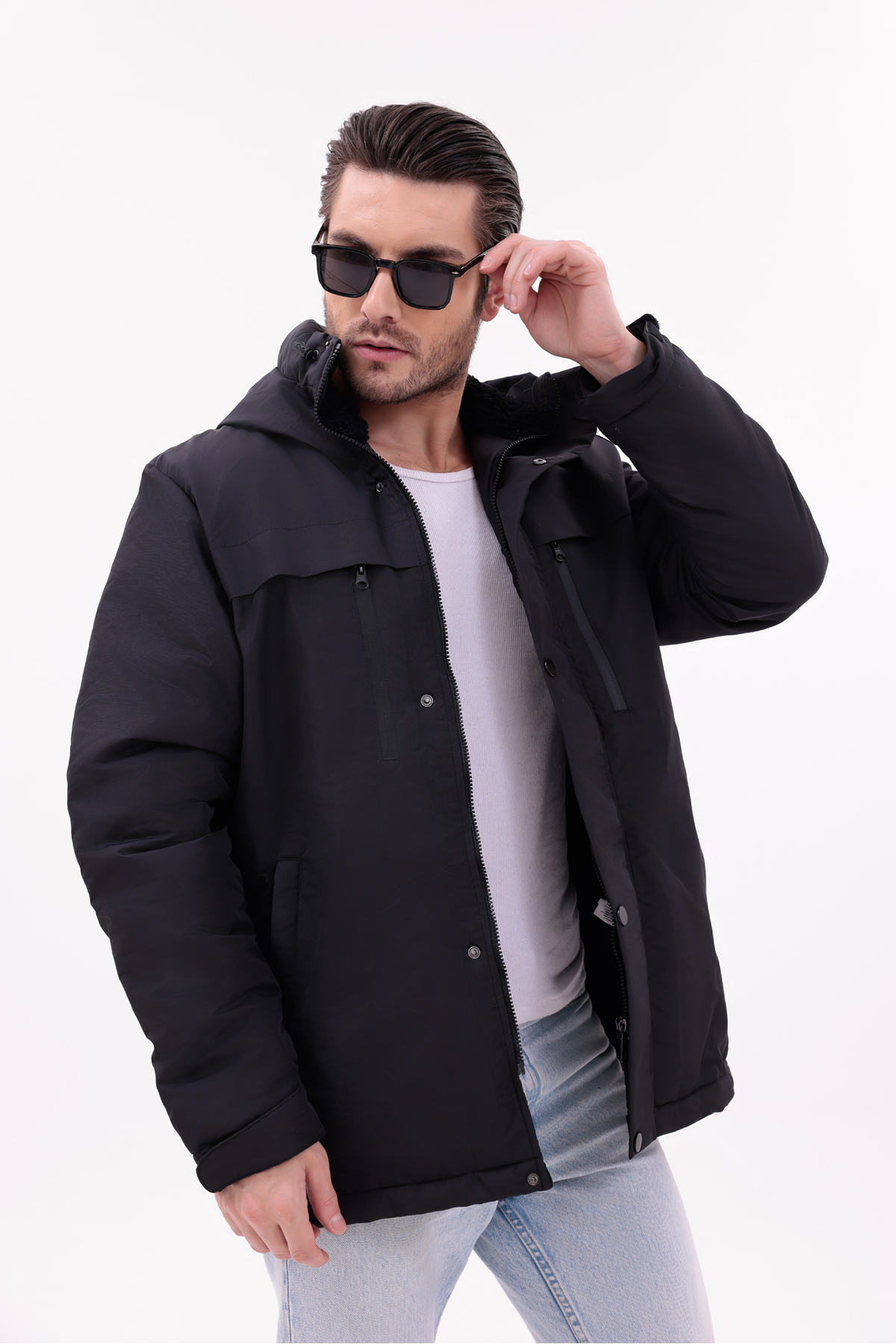 Erkek Taş Içi Polarlı Kürklü Su Ve Geçirmez Kışlık Mont & Kaban & Parka — مشکی FMP-105 — تصویر 3 از 7