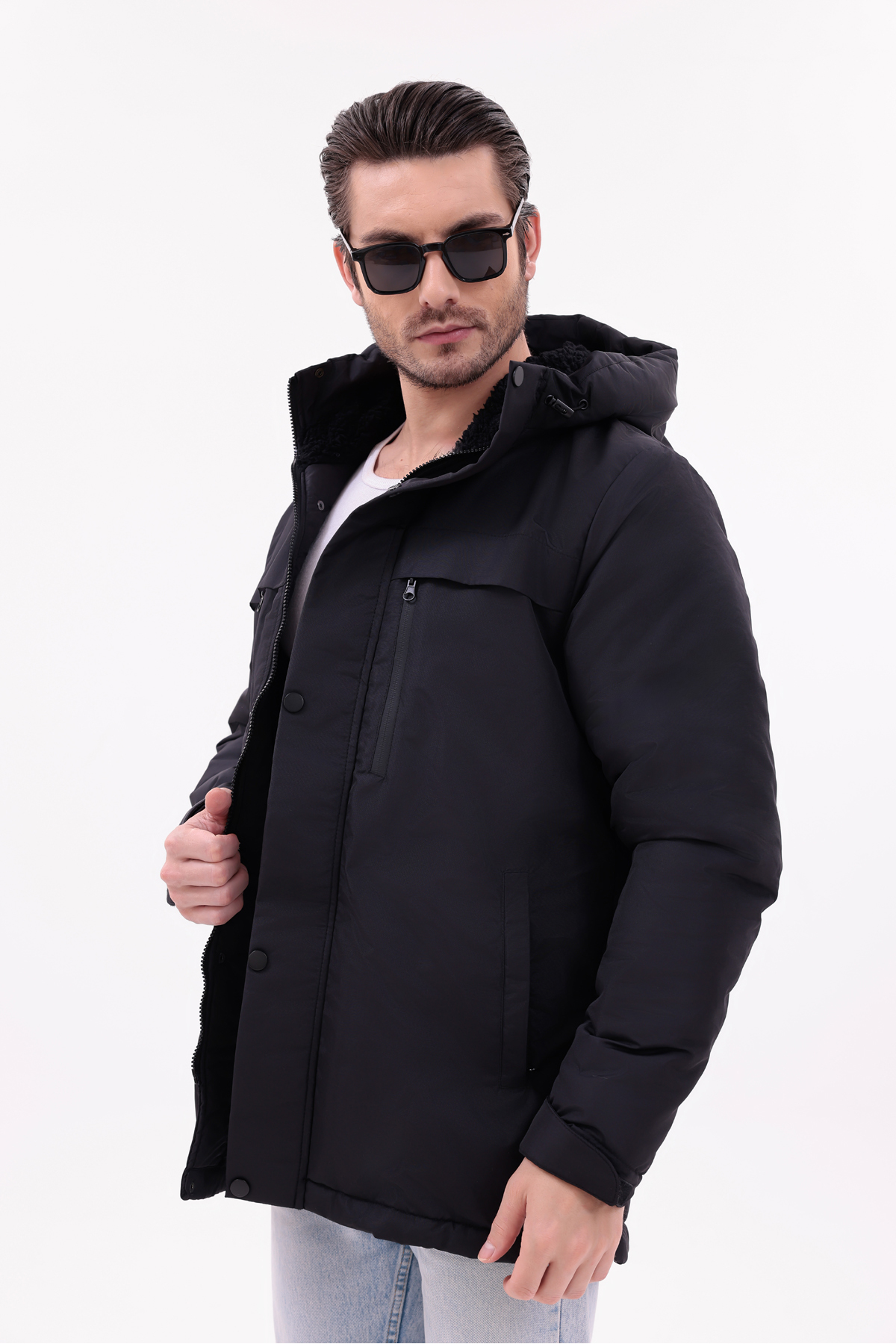 Erkek Taş Içi Polarlı Kürklü Su Ve Geçirmez Kışlık Mont & Kaban & Parka — مشکی FMP-105 — تصویر 4 از 7