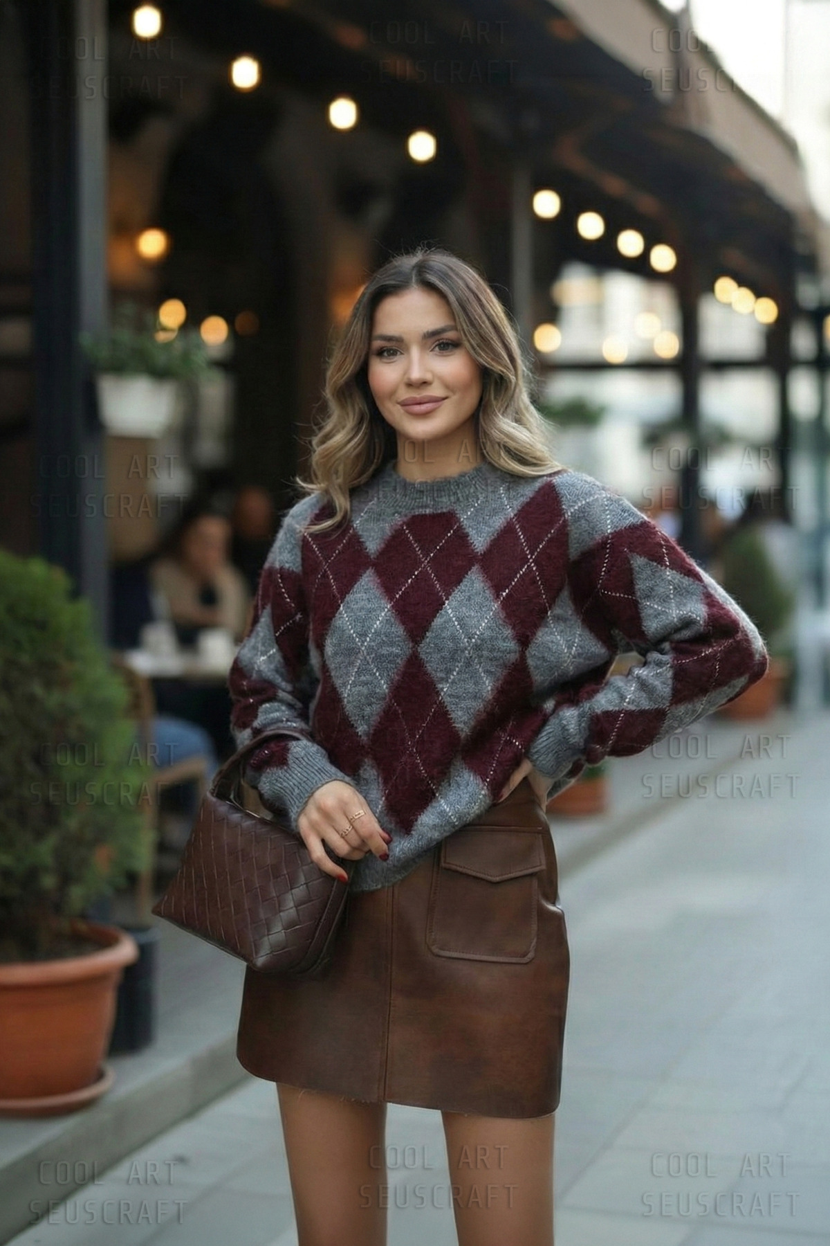 coolart  Premium Kadın Haley Baklava Desenli Triko Kazak - Gri Bordo Oversize Bisiklet Yaka