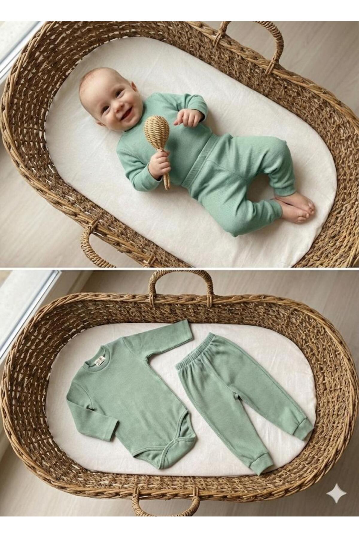 babykugu 3'lü %100 Pamuklu Uzun Kol Bebek Body Pantolon Takım fotoğrafı 5 (önizleme)