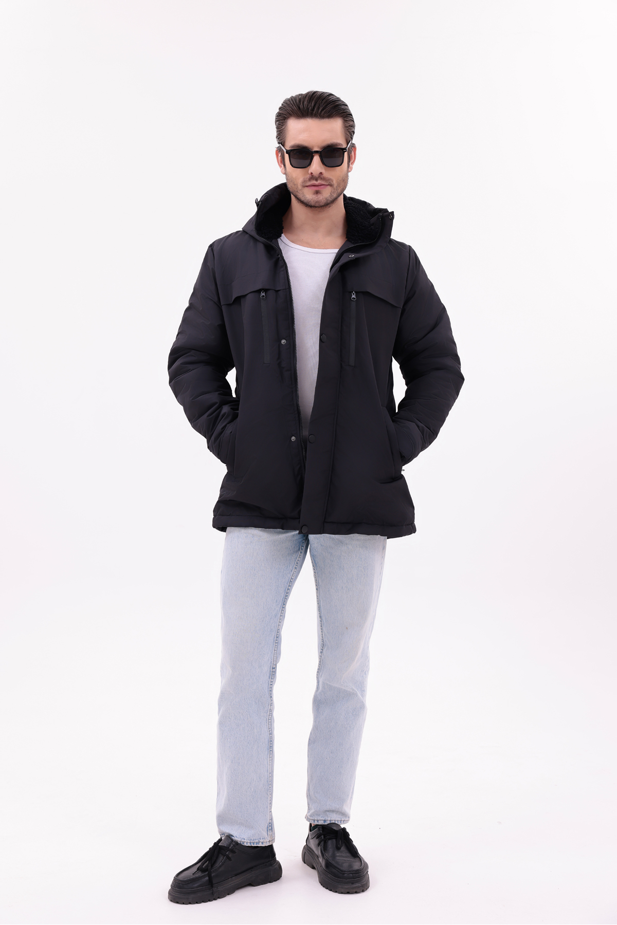 Erkek Taş Içi Polarlı Kürklü Su Ve Geçirmez Kışlık Mont & Kaban & Parka — مشکی FMP-105
