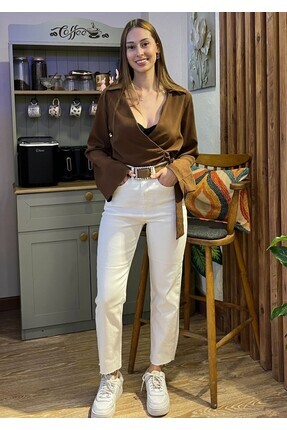 MODA Kesik Paça Kırık Beyaz Mom Fit Kot Pantolon