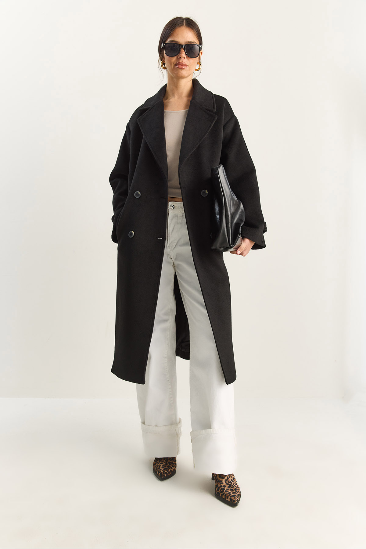 Bianco Lucci  Kadın Kruvaze Yaka Astarlı Oversize Uzun Kaşe Kaban 3509 60283849 - Görsel 3