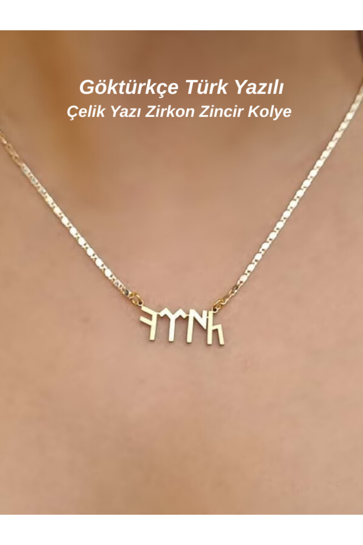 Tuana Trend Göktürkçe Türk Yazılı Çelik İsim Zirkon Kaplama Zincir Kolye Türk Yazılı Kolye