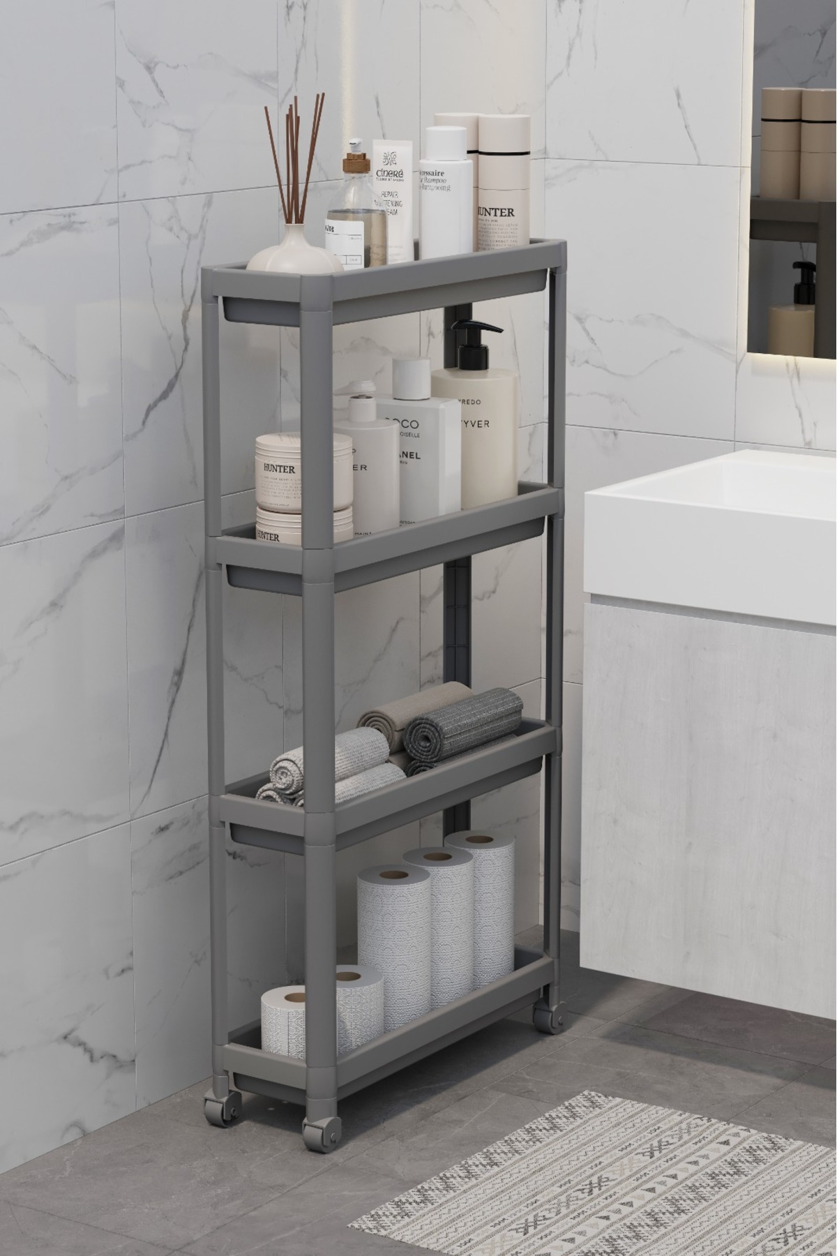Rectangular 4-Tier Shelving Unit with Wheels White Bathroom Kitchen Organizer Organizer Shelf
