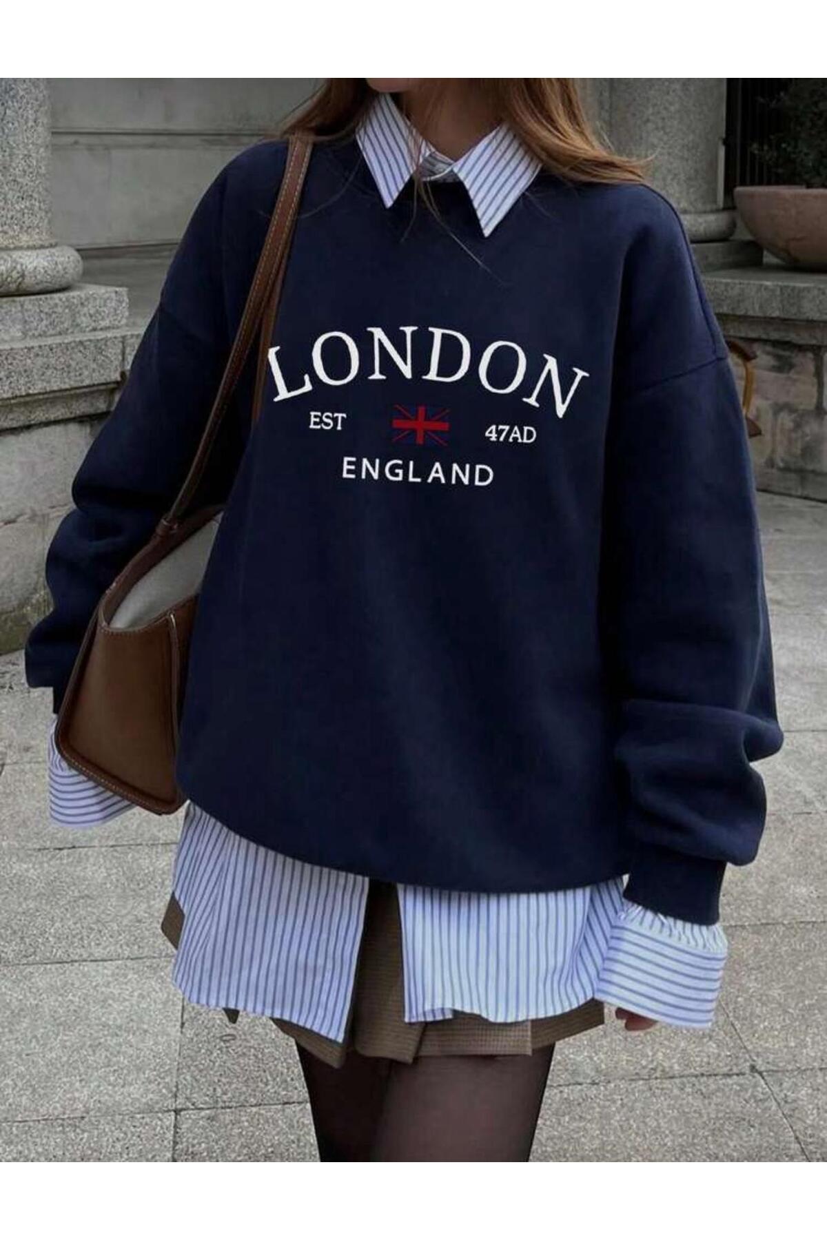 trendgar  Kadın Lacivert London England Baskılı Bisiklet Yaka Sweatshirt - Görsel 3