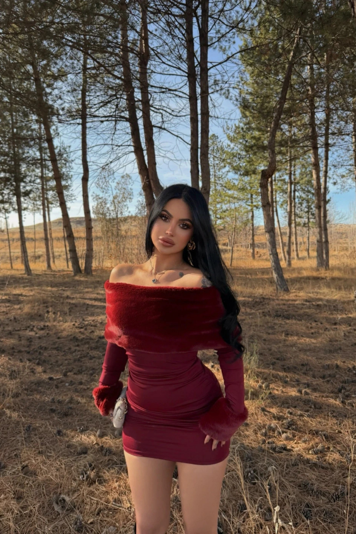 MOZENA  Yakası Suni Kürklü Madonna Yaka Mini Dalgıç Elbise - Görsel 4