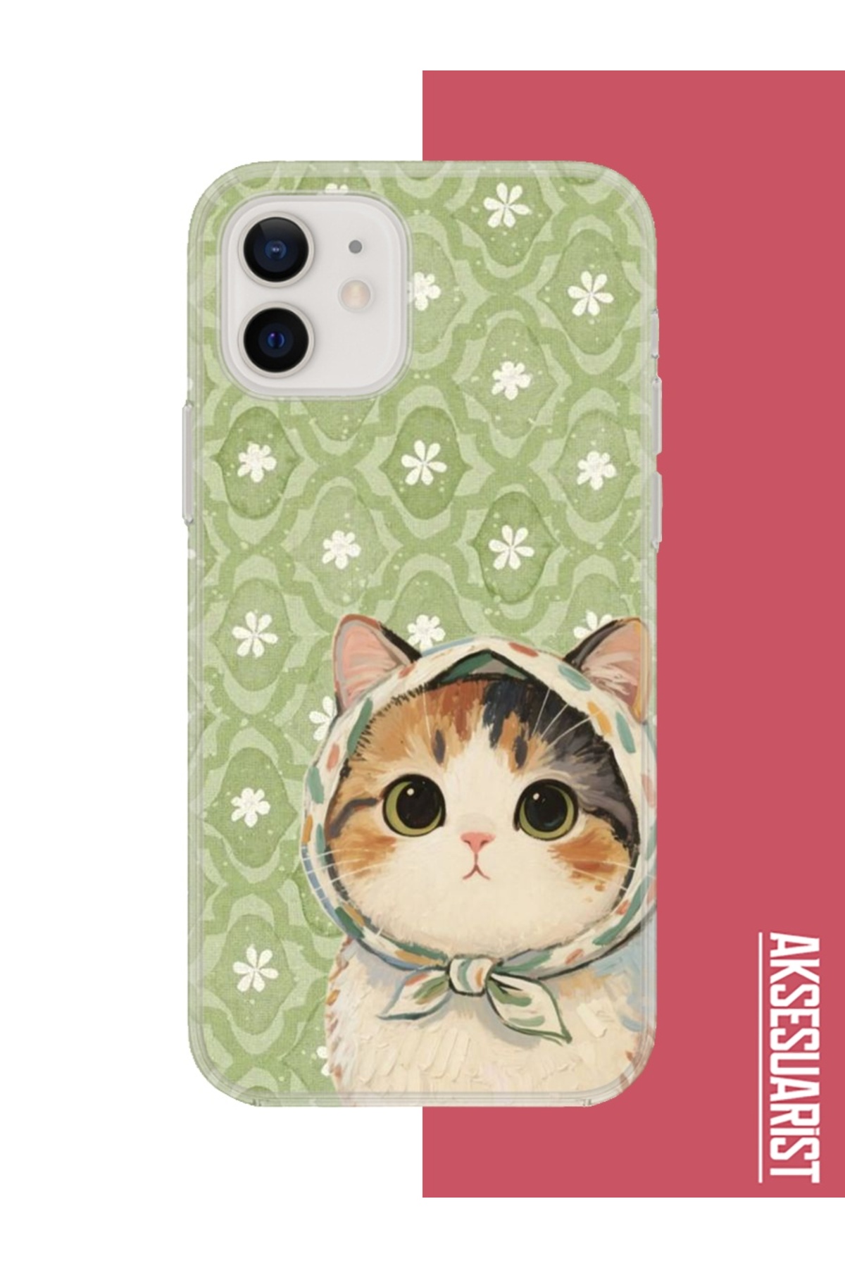 Iphone 11 Compatible Green Scarf Cat Pattern Silicone Case