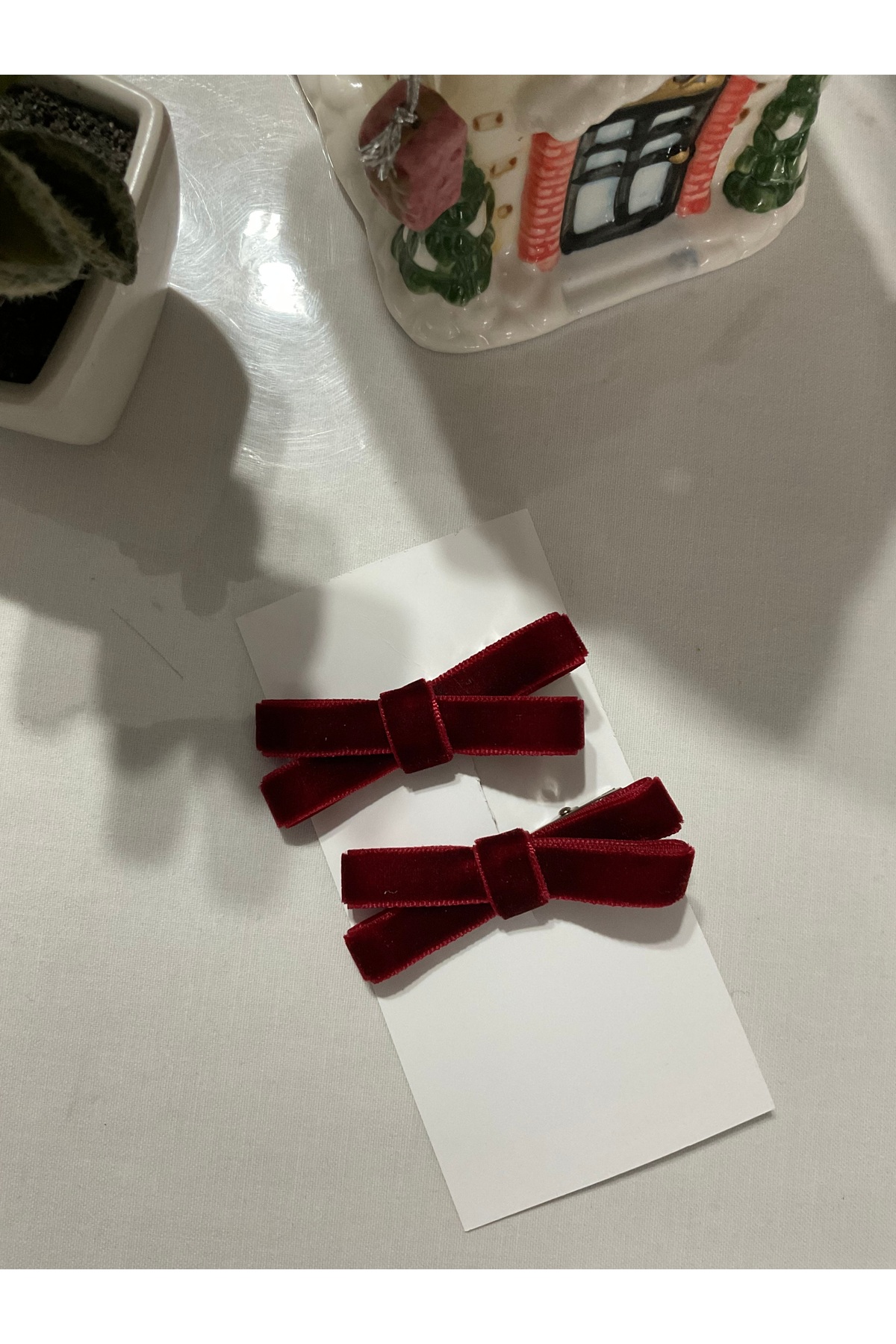 MADE BY PERİ “Kadife Fiyonk Bordo- Saç Tokası 2’li Set, Yumuşak Doku, Zarif ve Şık | Made by Peri” görsel 3