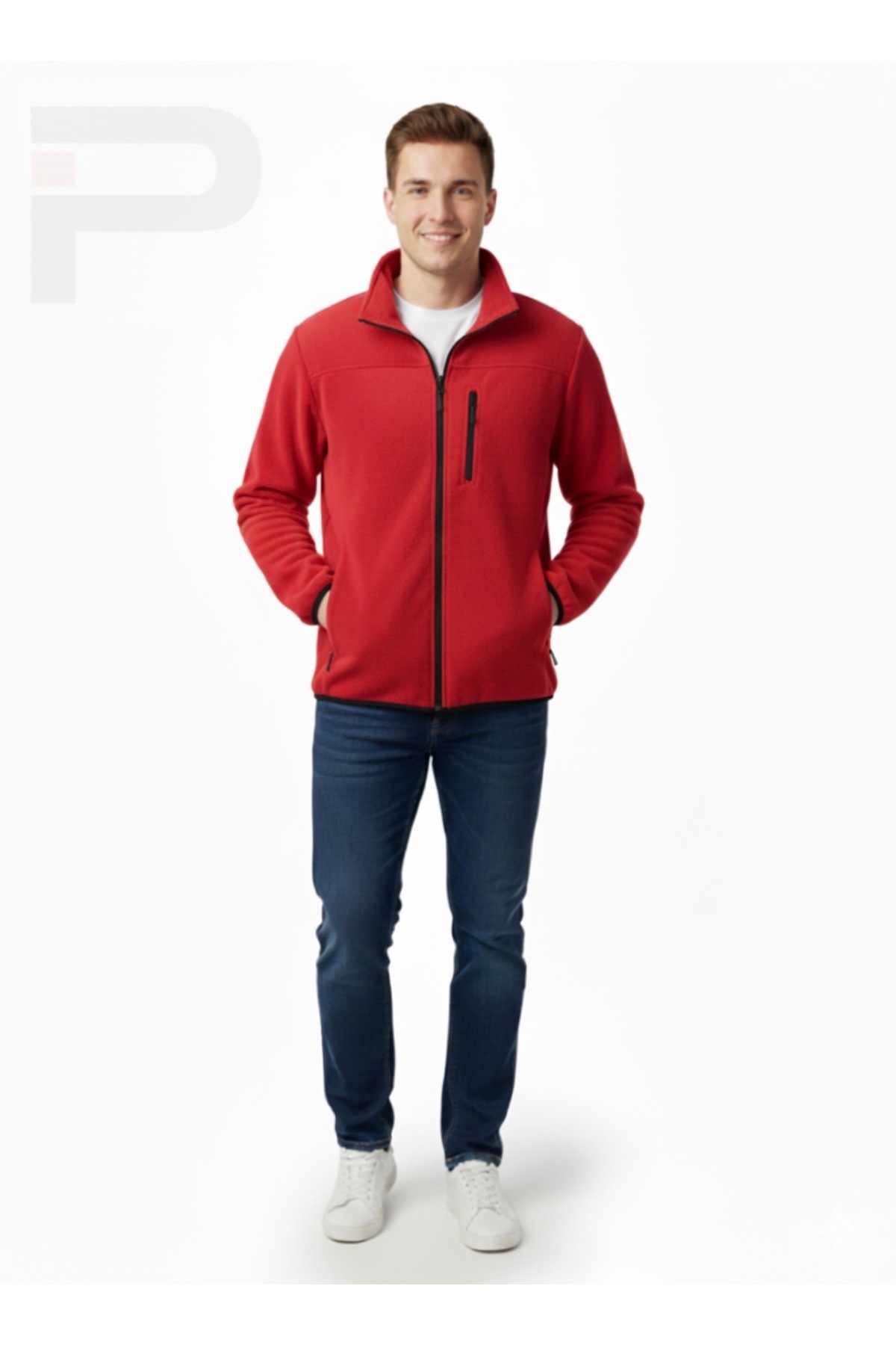 Unisex Tam Fermuarlı 280 gr 3 Cepli Polar Outdoor Ceket — قرمز P1502 — تصویر 2 از 6