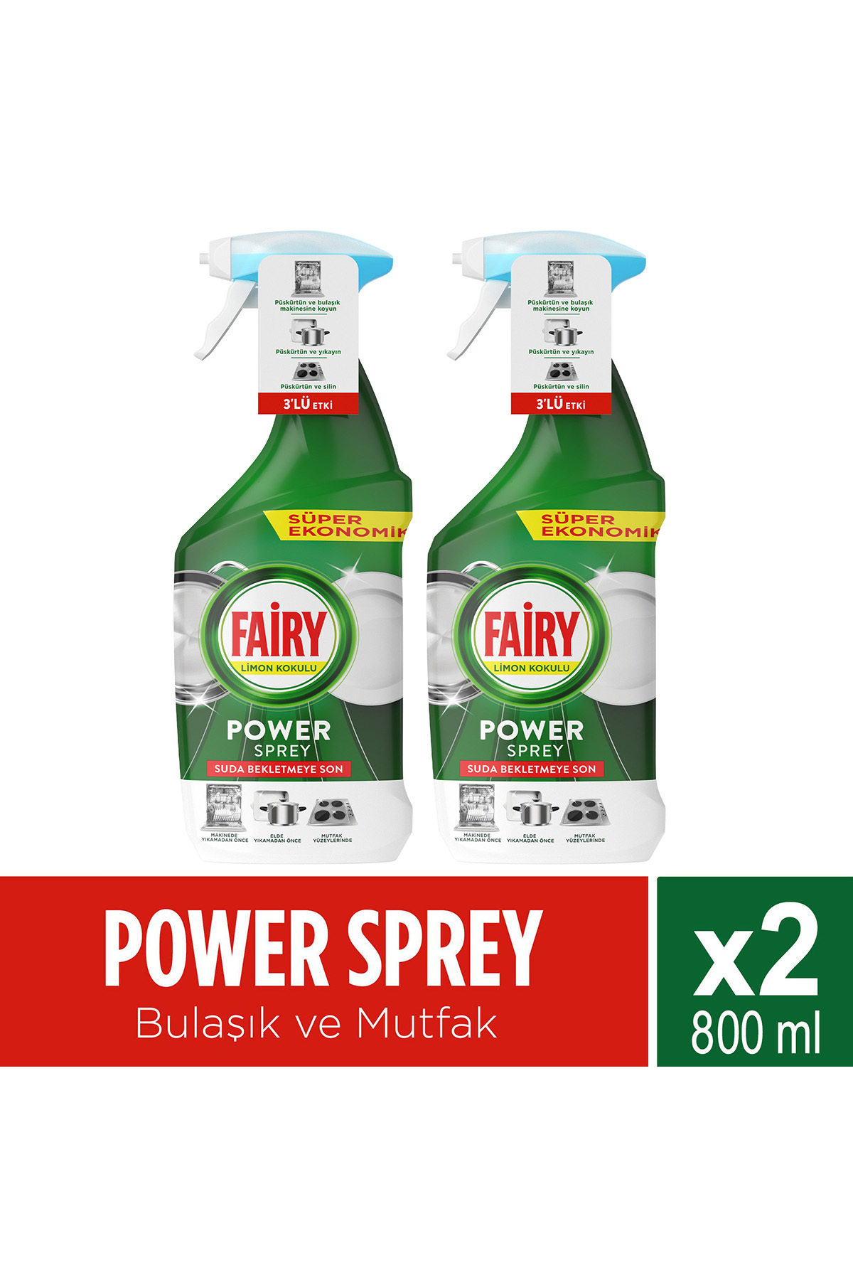 Fairy Power Sprey, 3’ü 1 arada Limon Kokulu 800ml x 2 Adet