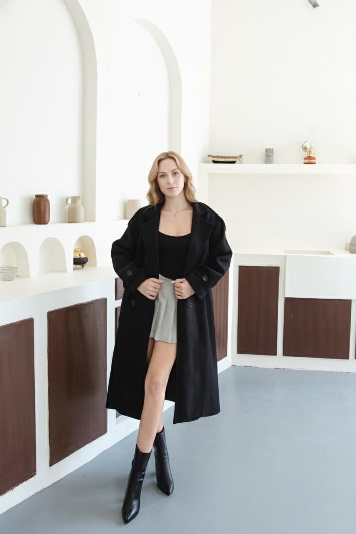 unika boutique Kadın Premium Kaşe Kaban Siyah