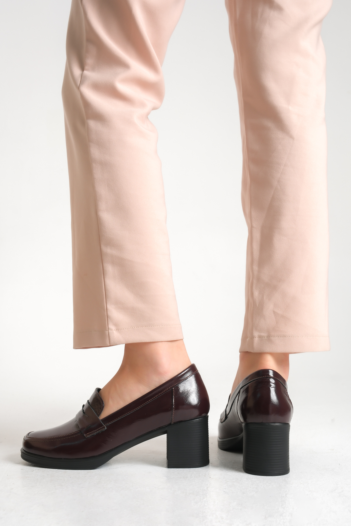 GNS Shoes  ELEGANT Hakiki Deri Bordo Rugan Kalın Topuklu Loafer Ayakkabı - Görsel 4